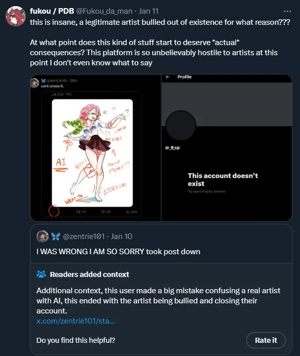 Artist falsely accused of using AI, bullied off platform.