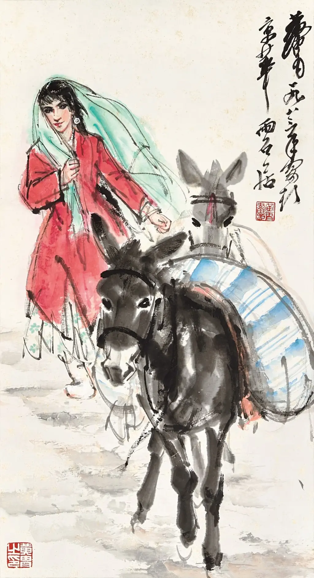 Huang Zhou ink and color painting of a woman in a red dress and green veil leading a laden donkey.