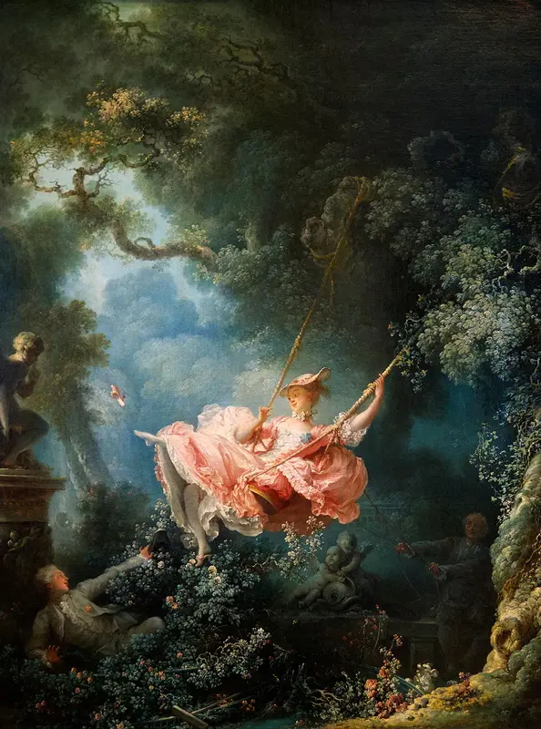 Fragonard's The Swing, 1768: a woman in a frothy pink dress kicks off her shoe on a swing in a lush garden, while a man hidden in the bushes below looks up.