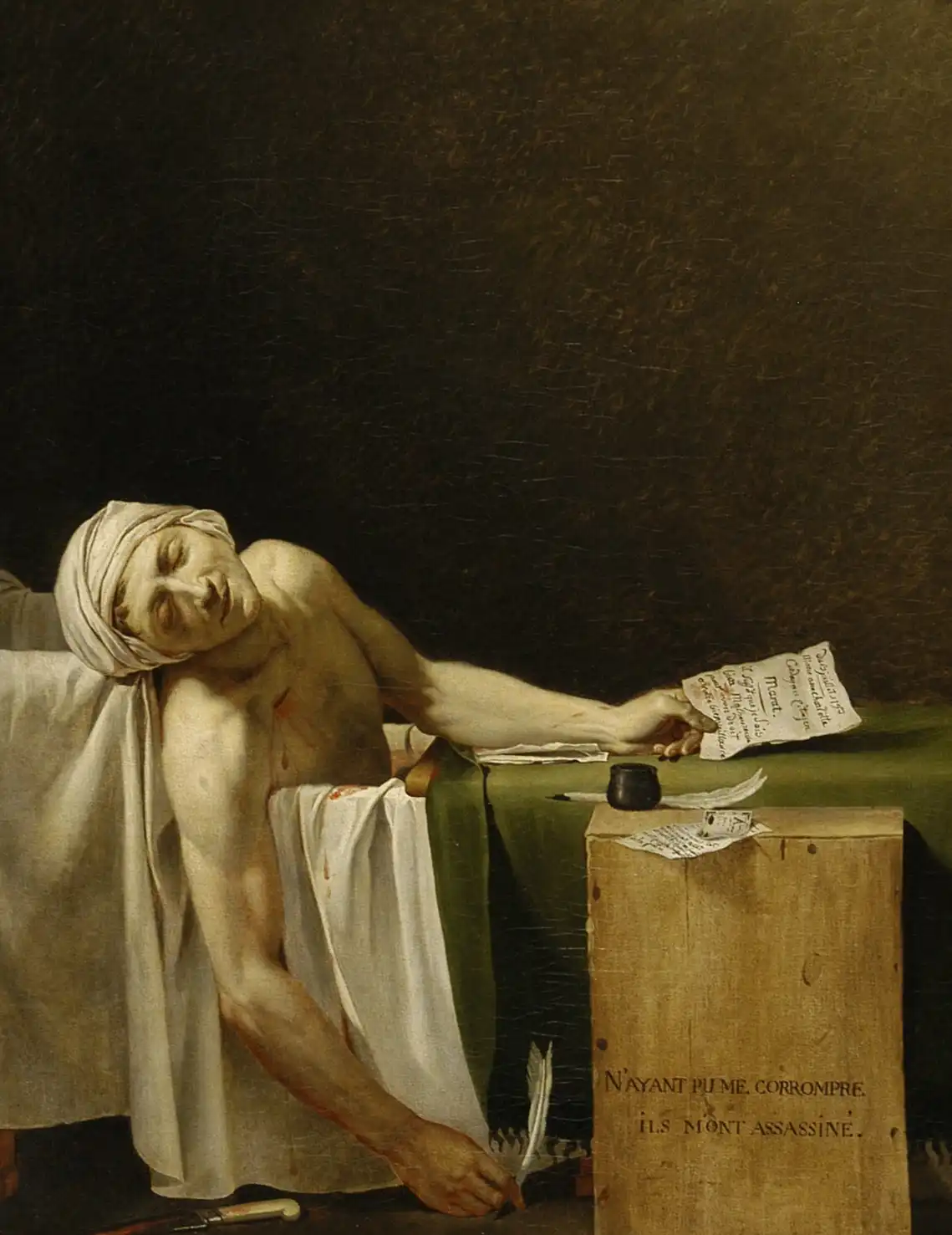 David's The Death of Marat, 1793: Marat lies dead in his bathtub, arm hanging down with a quill, a letter in his other hand, against a dark, empty background.