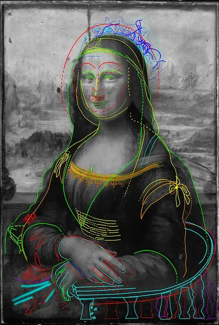 Mona Lisa in grayscale, overlaid with colored lines tracing earlier versions of the veil, head, hands and chair found under the paint.