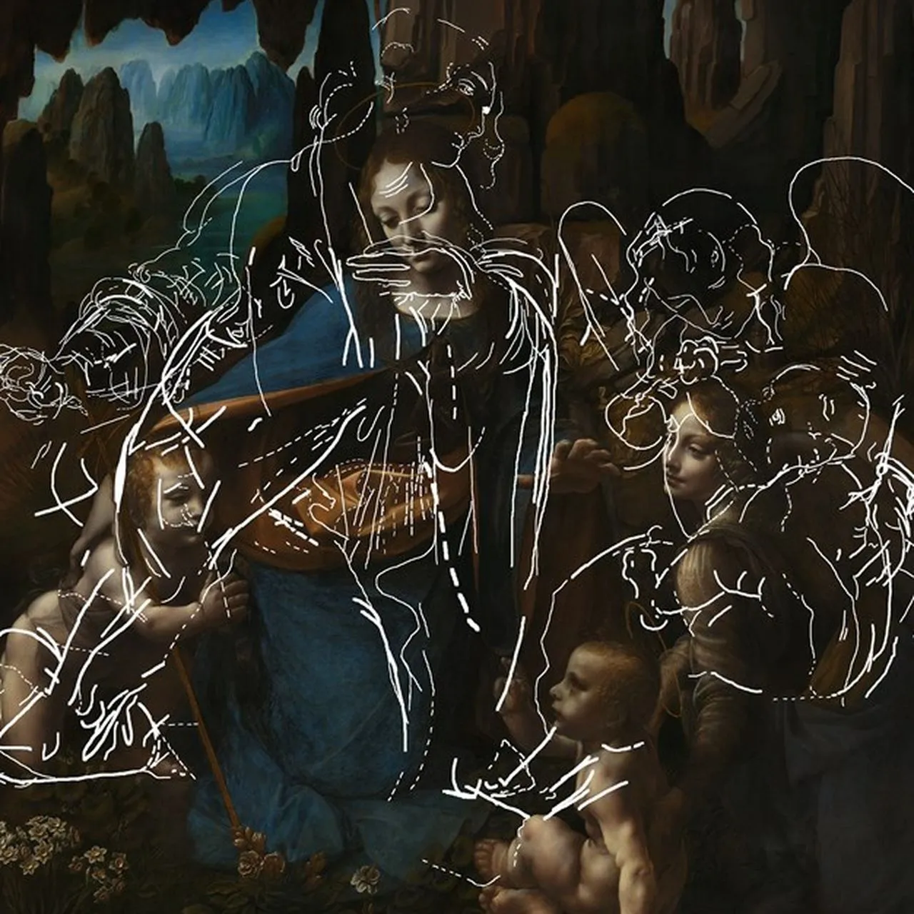 Leonardo's Virgin of the Rocks overlaid with white lines showing an abandoned composition drawn underneath, with differently posed figures.