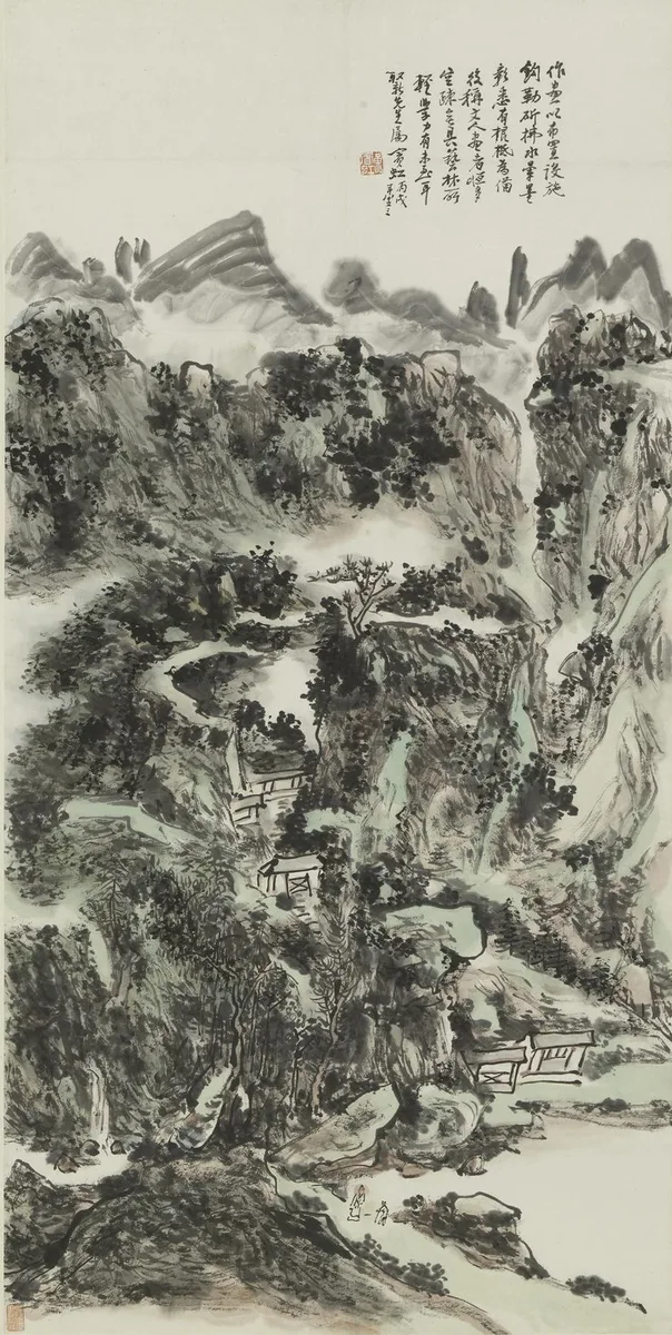 Huang Binhong, Layered Peaks and Flying Waterfall, 1946: mountains built from dense, layered dots and strokes of dark ink, almost abstract.