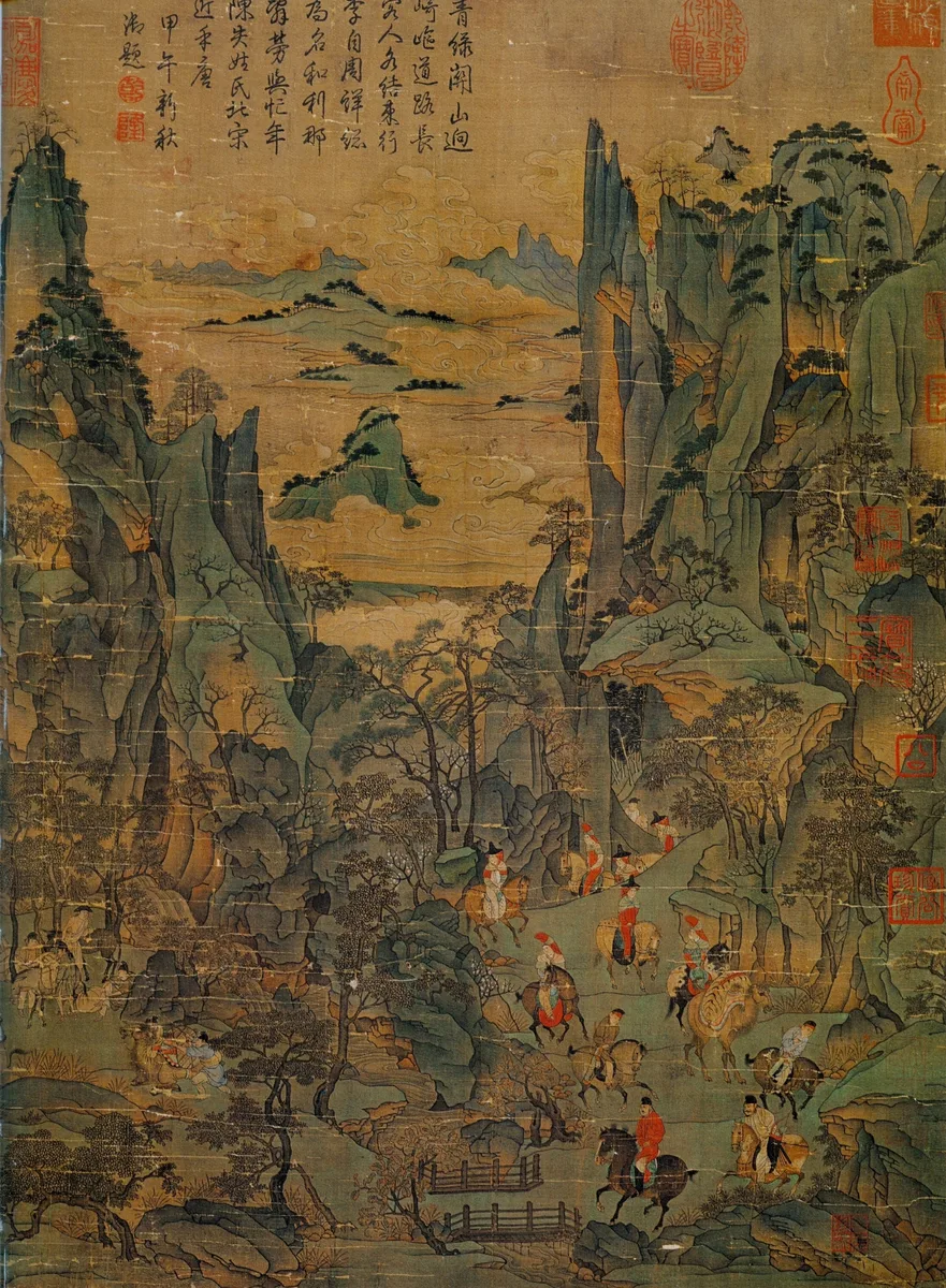 Emperor Minghuang's Journey to Shu, Tang style, 8th century: sharp blue-green peaks outlined in ink, with a small procession of riders winding through the valley.