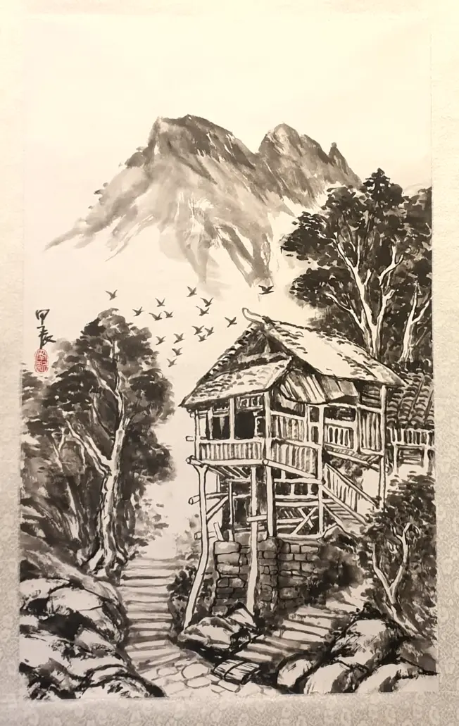 Chinese painting — house in the mountains.
