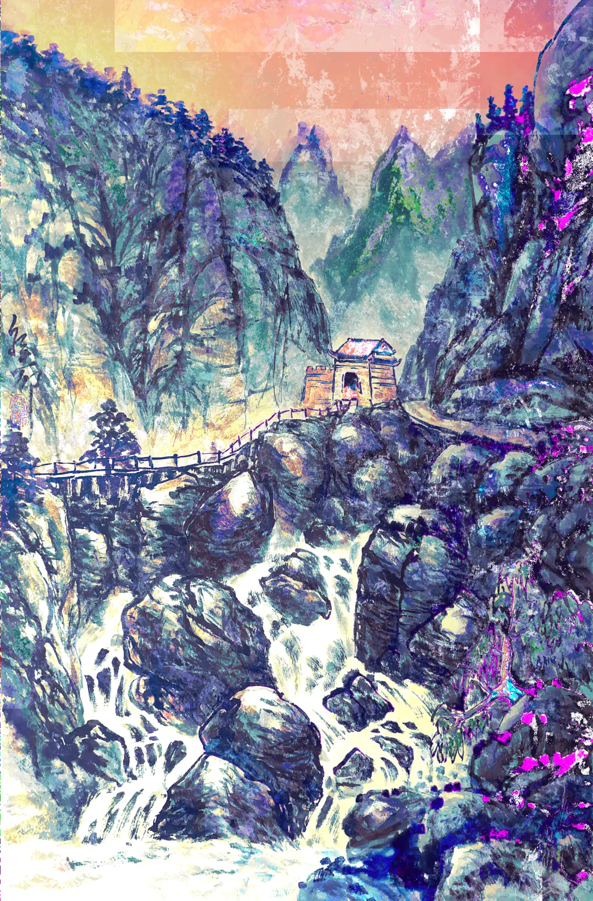 Glitched chinese painting — mountain.