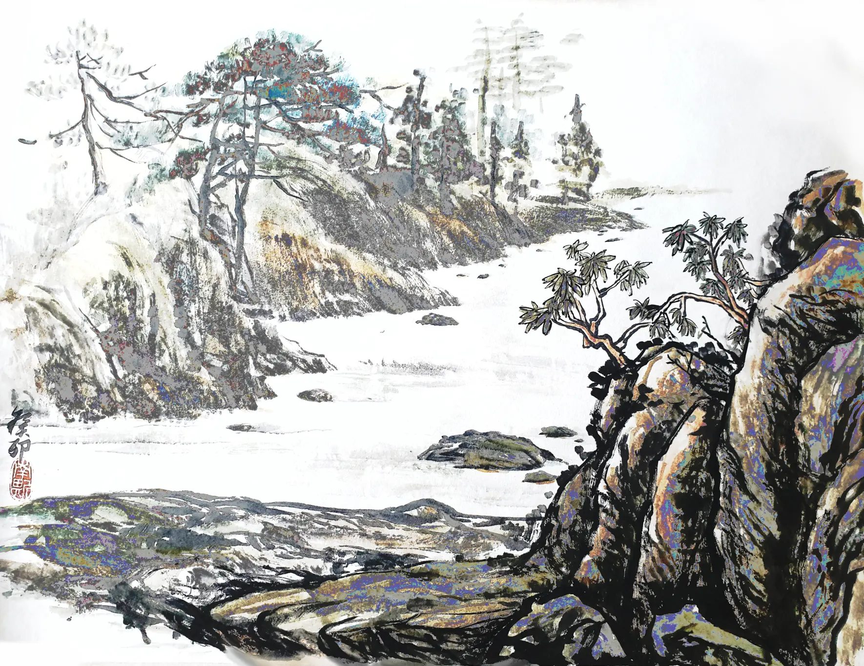 Glitched chinese painting — river.