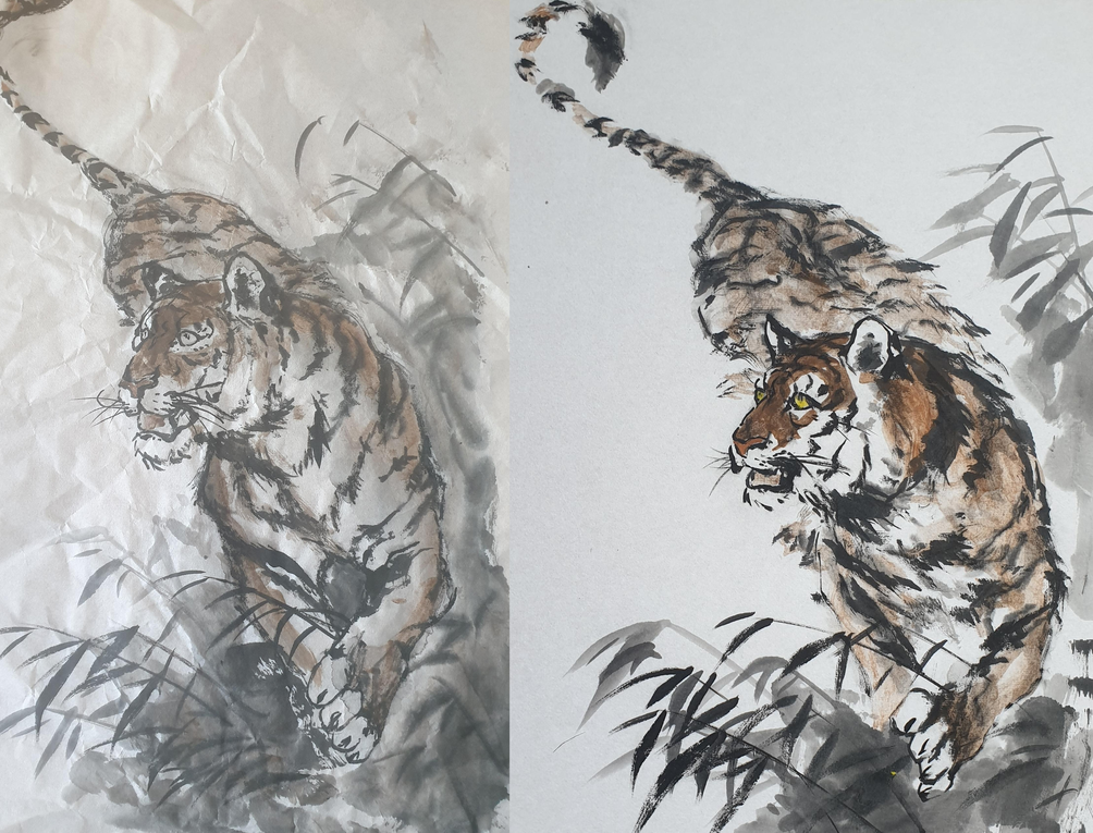 Mounted painting compared to base version.