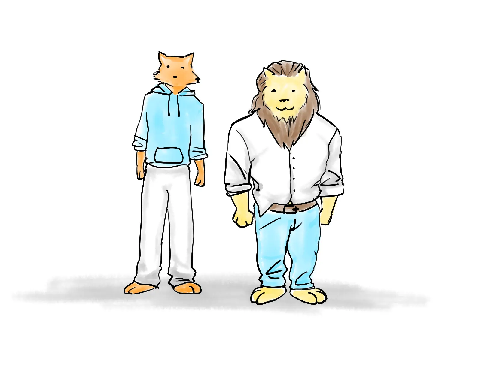 A cartoon fox and lion.
