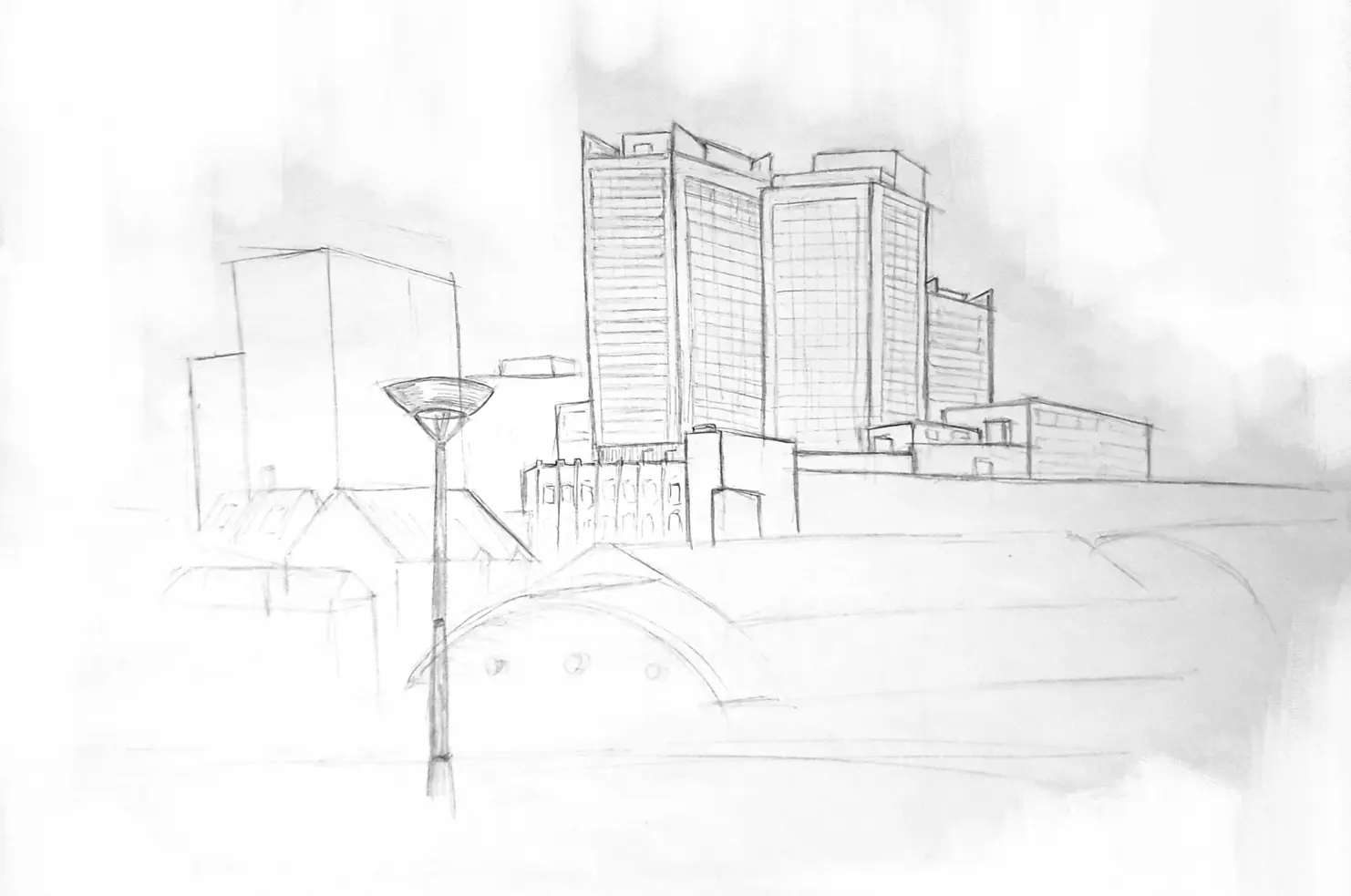 A pencil drawing of a cityscape with many windows
