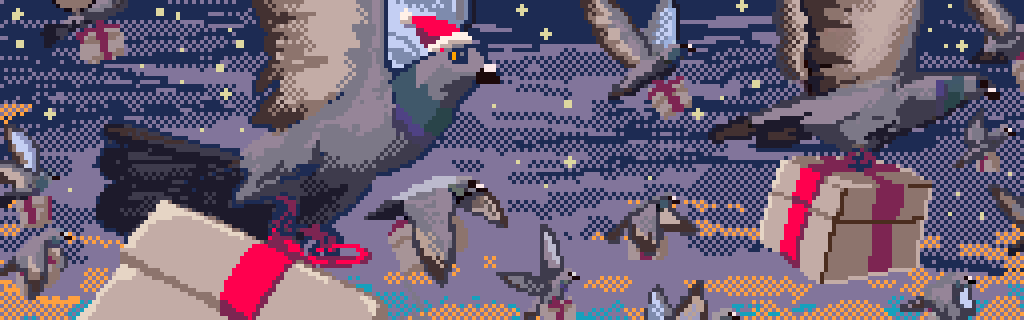 Pigeon delivering pixel gifts.